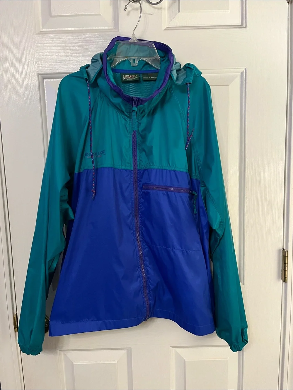 Vtg American Eagle Windbreaker Adult Hidden Hood Colorblock Teal/Purple 90’s Med